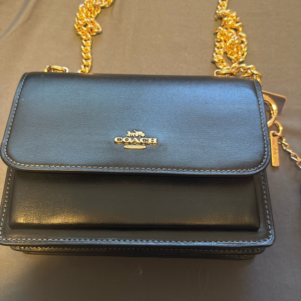 Coach Black Leather Crossbody with Gold Chain